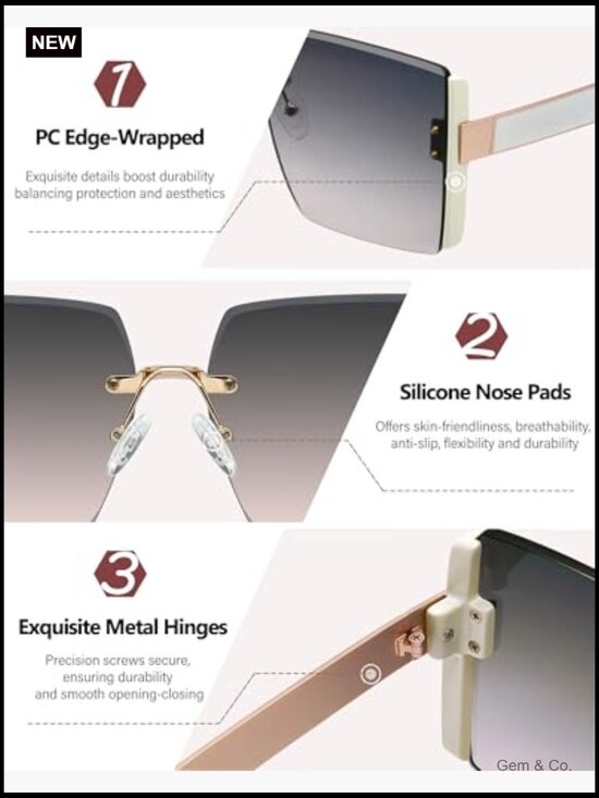 Oversized Square Frameless Sunglasses UV400 Protection Gradient Lens Metal Frame